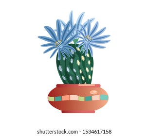 Blooming, prickly cactus for home and office. In a ceramic pot with a mosaic. Isolated image. Vector graphics.