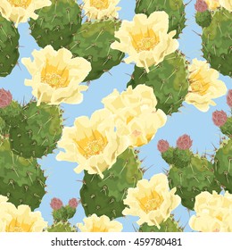 Blooming prickly pear cactus. Opuntia. Yellow flowers. Vector background, seamless pattern on blue background. 