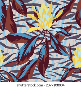 Blooming protea. Floral seamless pattern with large flowers and butterflies on texture made of curved lines. Stylish summer ornament. Designed for textile, fabric, wrapping, clothes and bedding.