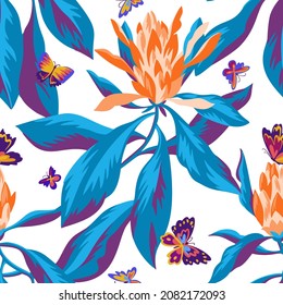 Blooming protea. Floral seamless pattern with large flowers and butterflies. Botanical texture. Stylish summer ornament. Designed for textile, fabric, wrapping, clothes and bedding.