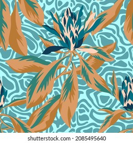 Blooming protea. Floral seamless pattern with large flowers and butterflies on texture made of abstract wavy curved shapes. Stylish summer ornament. For textile, fabric, wrapping, clothes and bedding.