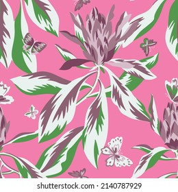 Blooming protea. Floral seamless pattern with large flowers and butterflies. Botanical texture. Stylish summer ornament. Designed for textile, fabric, wrapping, clothes and bedding.