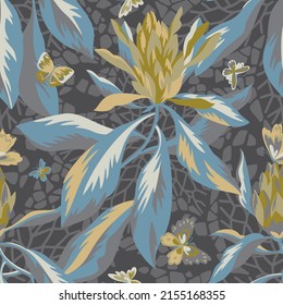 Blooming protea. Floral seamless pattern with large flowers and butterflies on openwork texture. Stylish summer ornament. For textile, fabric, wrapping, clothes and bedding.