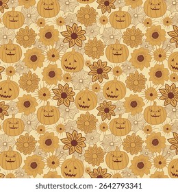 Blooming Pumpkins seamless vector pattern