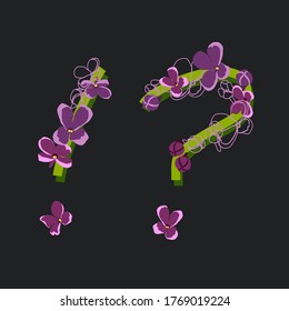 Blooming punctuation marks. Decorative floral font on a dark background. Vintage garden plant typography. Alphabet made of lilac flowers.