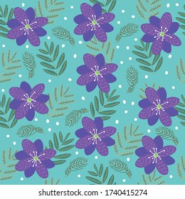 Blooming purple floral with dot element seamless pattern on blue background for fashion print. 