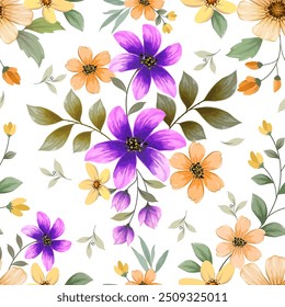 Blooming purple and yellow flowers on light color background for fashion print fabric textile wallpaper gift wrapping background.
