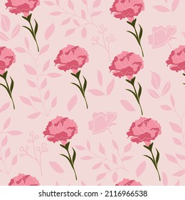 Blooming Realistic Carnation Flowers Seamless Pattern. High Quality Vector Illustration. Perfect For Textile, Wallpaper, Invitation And Backgrounds.