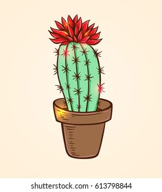 Blooming red cactus in a flowerpot. Hand drawn vector illustration.