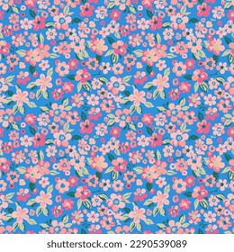 Blooming red cherry on a blue background, sakura tree, seamless watercolor pattern. Vector illustration, ready to print. It can be used to decorate wallpaper.