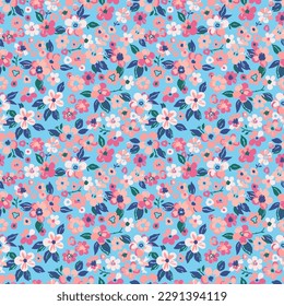 Blooming red cherry on a blue background, sakura tree, seamless watercolor pattern. Vector illustration, ready to print. It can be used to decorate wallpaper.