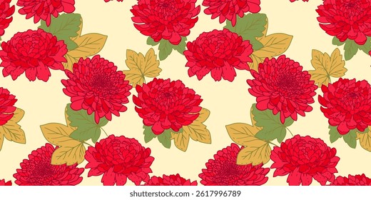 Blooming red floral seamless pattern. Artistic abstract yellow flowers and leaves repeated print. Botanical vector drawn illustration. Stylized peonies, dahlias, chrysanthemums. Nature ornament