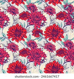Flores Grandes rojas florecientes y ramas deja un patrón sin fisuras. Vector dibujo a mano. Abstractas crisantemo artístico dahlia peonías impresión. Plantilla para diseños, textil, moda, impresión, 