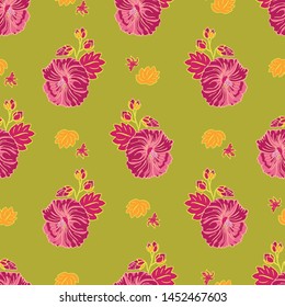 Blooming red mallow flower garden seamless repeat vector pattern on green background for fabric, scrapbooking, wallpaper and backgrounds. Surface pattern design.