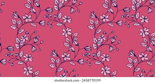 Blooming red meadow with curved branches with tiny ditsy flowers, bells, leaves intertwined in seamless pattern. Abstract artistic wild floral stems printing. Vector hand drawn. Template for designs, 