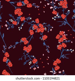 Blooming red oriental flower in the garden seamless pattern vector for fashion fabric and all prints on bergundy background color