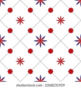 The blooming red-dark blue flowers are surrounded by medium and small red flowers on white background with dark gray diagonal dashes, a seamless pattern that looks chic, beautiful and attractive.