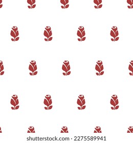 Blooming rose floral design, red flourishing flowers with stems, leaves and petals. Minimalist flora and elegant decoration. Seamless pattern print or background wallpaper. Vector in flat style