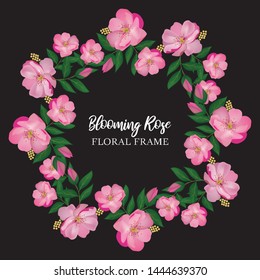 Blooming rose flower circle frame. Pink floral wreath for decoration, greeting card, wedding invitation.