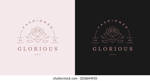 Blooming rose flower logo emblem design template vector illustration in minimal line art style. Linear silhouette for natural cosmetics logotype or florist brand insignia