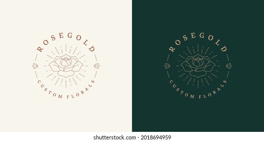 Modelo de diseño del emblema del logotipo de la flor de rosa floreciente ilustraciones vectoriales en un estilo de arte de línea mínimo. Silueta lineal para el logotipo cosmético natural o para la insignia florista