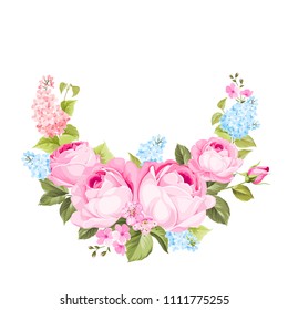 Blooming rose garland on the bottom of invitation card isolated over white background and text place. Congratulation text card with empty space. Vector illustration.