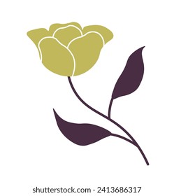 Blooming rose on stem with leaves. Natural mystic symbol of love and beauty. Isolated groovy boho magic floweret. Garden flower in blossom. Flourishing of orchard botany. Vector in flat style
