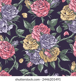 Blooming roses colorful pattern seamless with flowers of different shades and winding stems for floral book design vector illustration