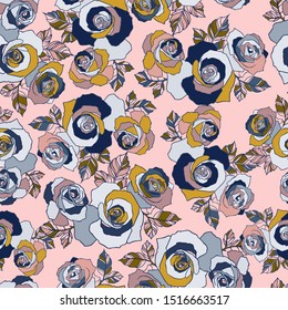 Blooming roses. Seamless colorful pattern with roses and leaves. The design is suitable for clothes, wallpaper, background.