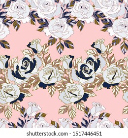 Blooming roses. Seamless colorful pattern with roses and leaves. 