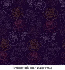 Blooming roses. Seamless colorful pattern with dark roses and leaves on black background. The design is suitable for clothes, wallpaper, background.