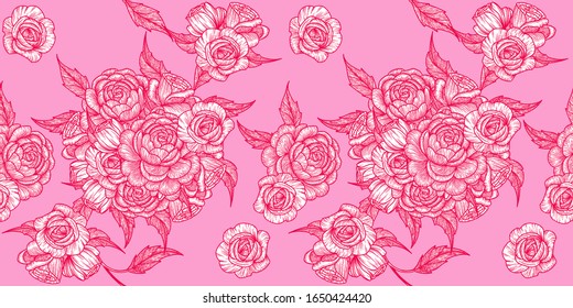 Blühende Rosen nahtloses Muster. Blumenmuster für Stoff. Rosenhintergrund. Vektorillustration