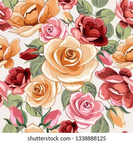 Blooming roses. Spring summer plants seamless pattern. Vector image, texture for fabrics, packaging.