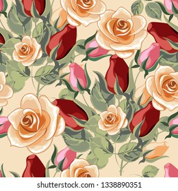 Blooming roses. Spring summer plants seamless pattern. Vector image, texture for fabrics, packaging.