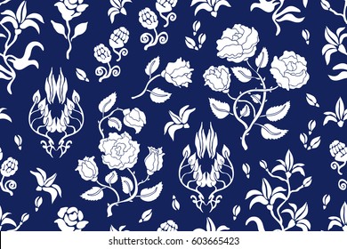 Blooming roses in Victorian garden. Seamless vector pattern with damask motifs. Vintage textile collection. Blue, white.