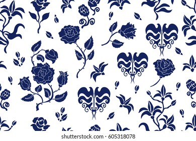 Blooming roses in Victorian garden. Seamless vector pattern with persian damask motifs. Vintage textile collection. Blue, white.