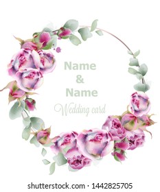 Blooming roses wedding wreath vector watercolor. Birthday, women day, special occasion card. Pink small rose flowers decoration