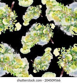 Blooming rowan branch seamless pattern on black background, vector