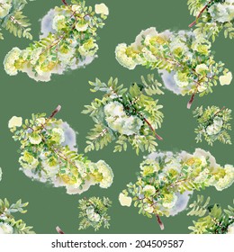 Blooming rowan branch seamless pattern on green background, vector