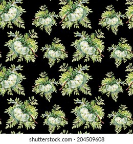 Blooming rowan branch seamless pattern on black background, vector