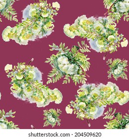 Blooming rowan branch seamless pattern on red background, vector