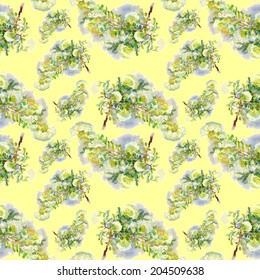 Blooming rowan branch seamless pattern on yellow background, vector