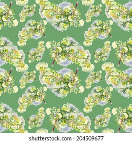 Blooming rowan branch seamless pattern on green background, vector
