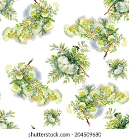 Blooming rowan branch seamless pattern on white background, vector