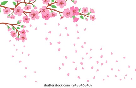 Blooming sakura branch background. Falling pink petals from peach or cherry blossom. Japanese symbol, oriental spring festival neoteric vector poster