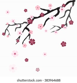Blooming sakura branch with many pink and white blooming flowers. Japanese traditional Sakura cherry tree branch. Sakura flowers flying in the air. Cherry blossom with beautiful flowers in the air.