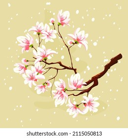 Blooming sakura branch on a soft pastel background. Pink delicate flowers on a tree branch.