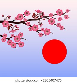 Una rama de sakura floreciente sobre el sol rojo.