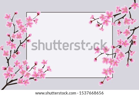 Blooming sakura branches with frame for text with blank and empty space. Design concept of blooming spring japanese sakura for banner and greeting card. Realistic vector illustration of sakura.