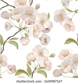 Decoración Sakura floreciente para el arte de la tela. Patrón de flores de cerezo sin foco con flores y hojas sobre fondo de color blanco. Decoración de papel pintado o envuelto, adorno textil. Ilustración vectorial